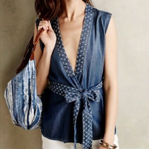 Anthropologie Holding Horses Chambray Wrap Top